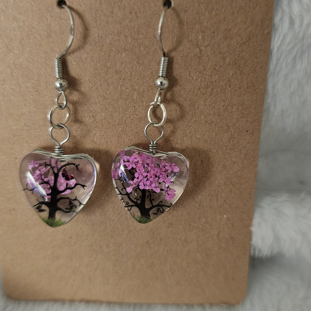 Heart-Shaped Pink Tree Earrings